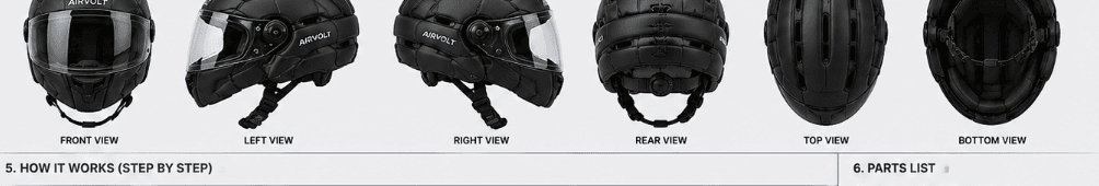 AIRVOLT X1 6-View 3D CAD Orthographic Projections: Front, Left, Right, Rear, Top, Bottom