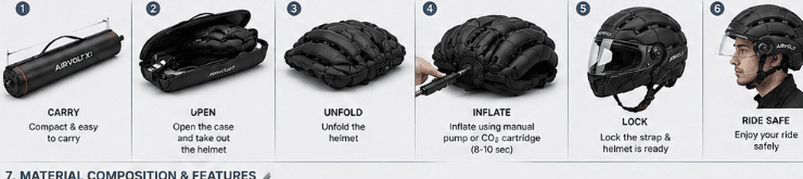 AIRVOLT X1 6-Step How It Works Diagram: Carry, Open, Unfold, Inflate, Lock, Ride Safe