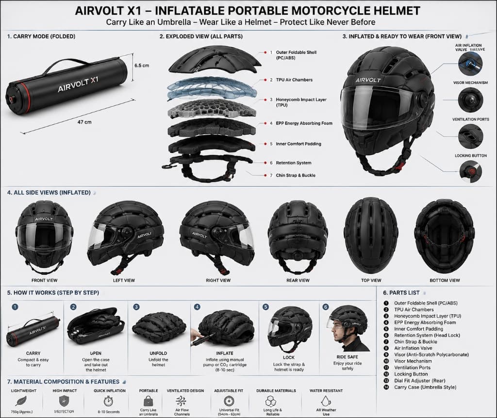 AIRVOLT X1 Inflatable Portable Motorcycle Helmet Full 3D CAD Engineering Sheet